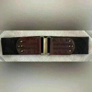 Banana Republic brown leather/fabric stretch belt with gold studded detail; XS